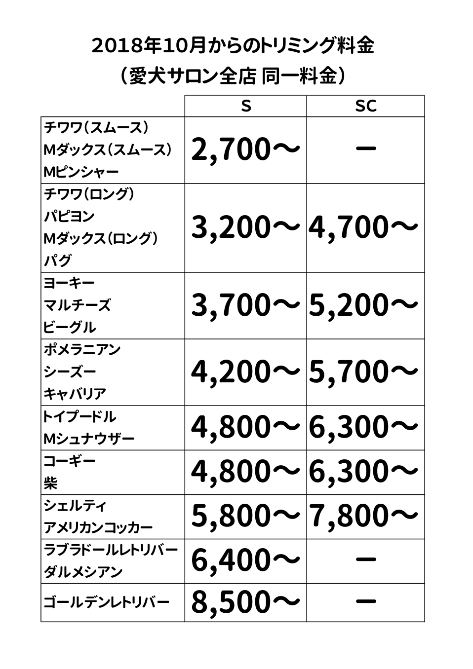 トリミング料金表（2018年10月1日～）奈良 - 愛犬サロン本店